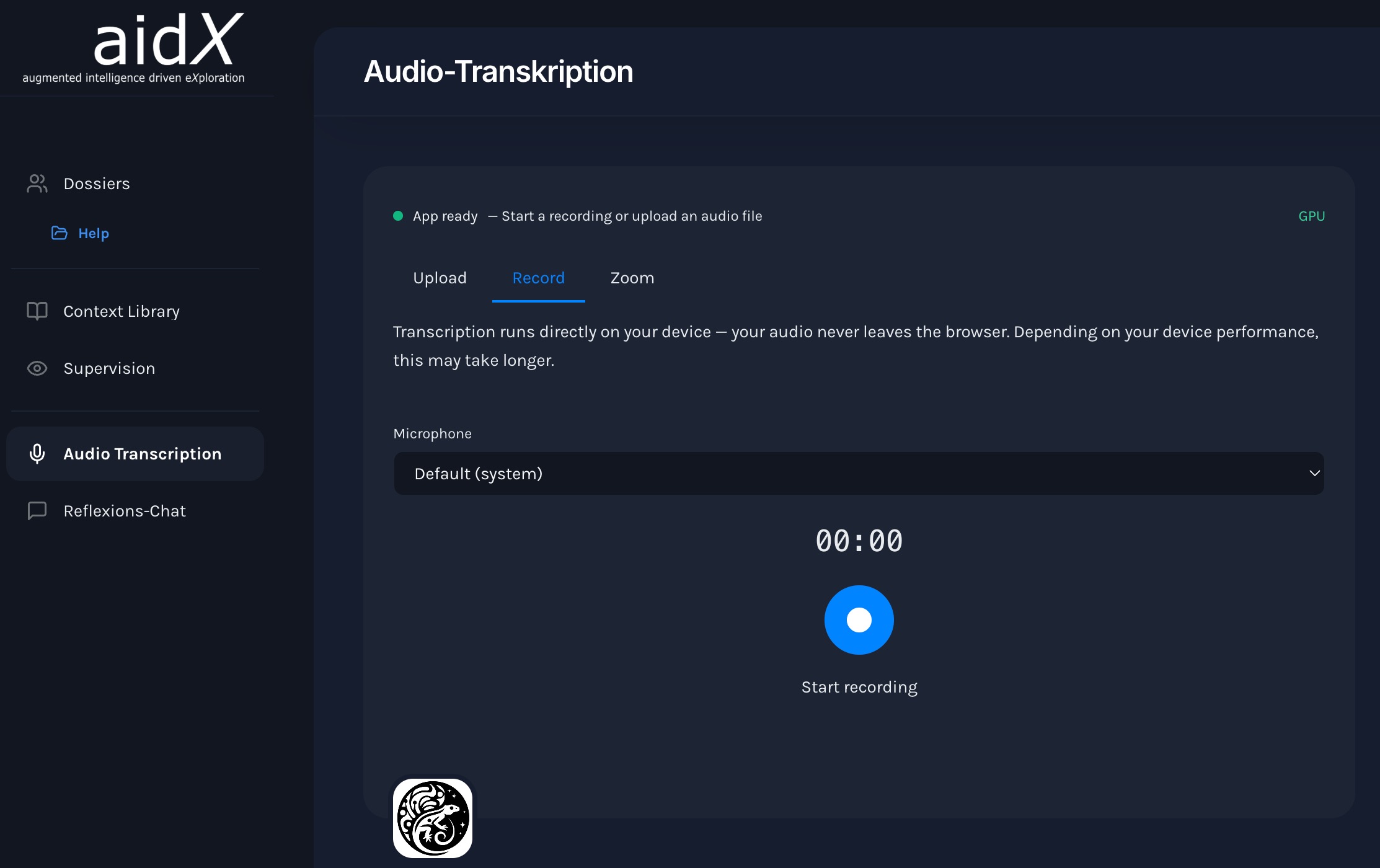 Audio-Tab im Dossier — Aufnahme aktiv